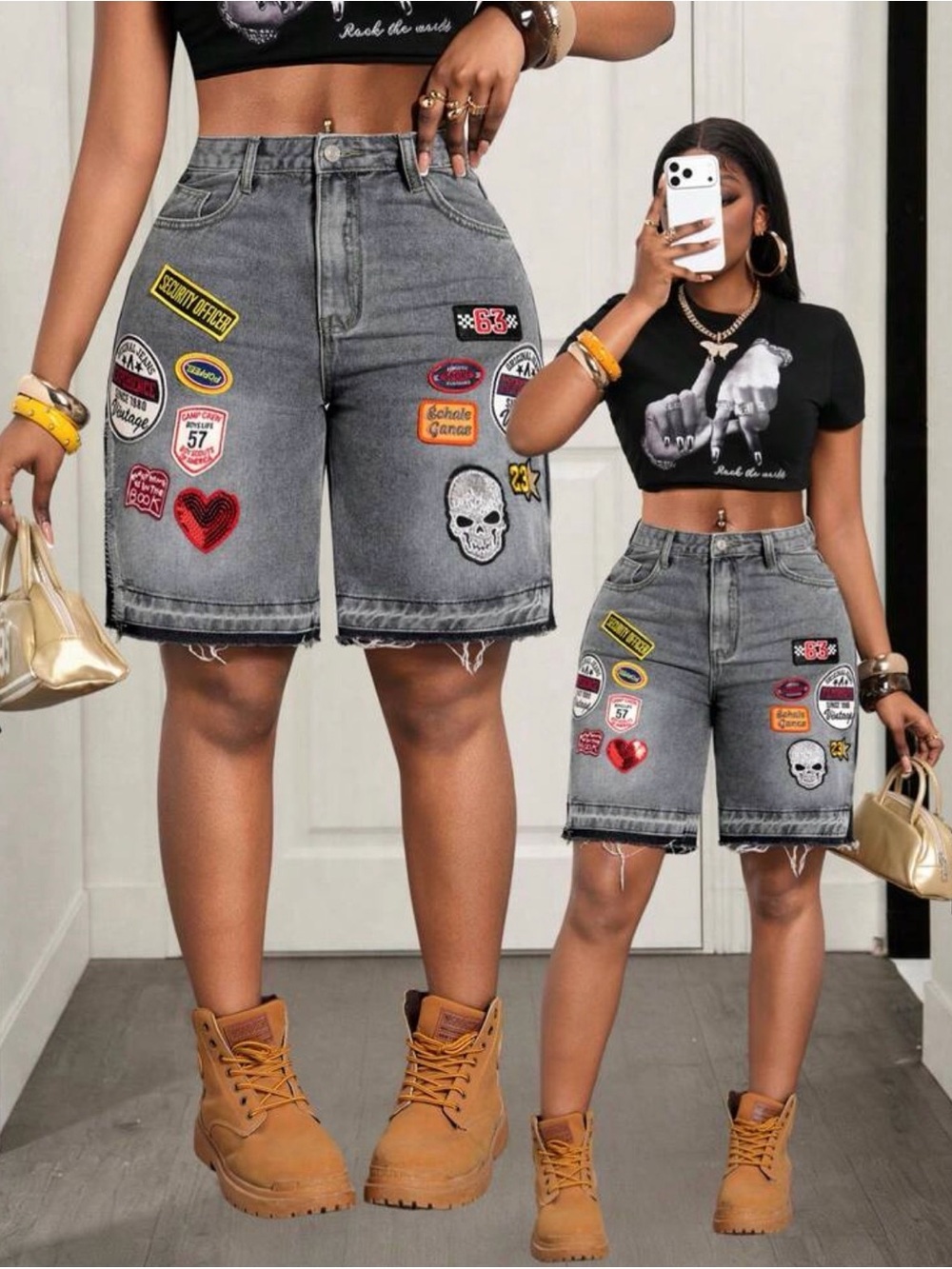 SHEIN Gray Patchwork Embroidered High-Rise Denim Bermudas